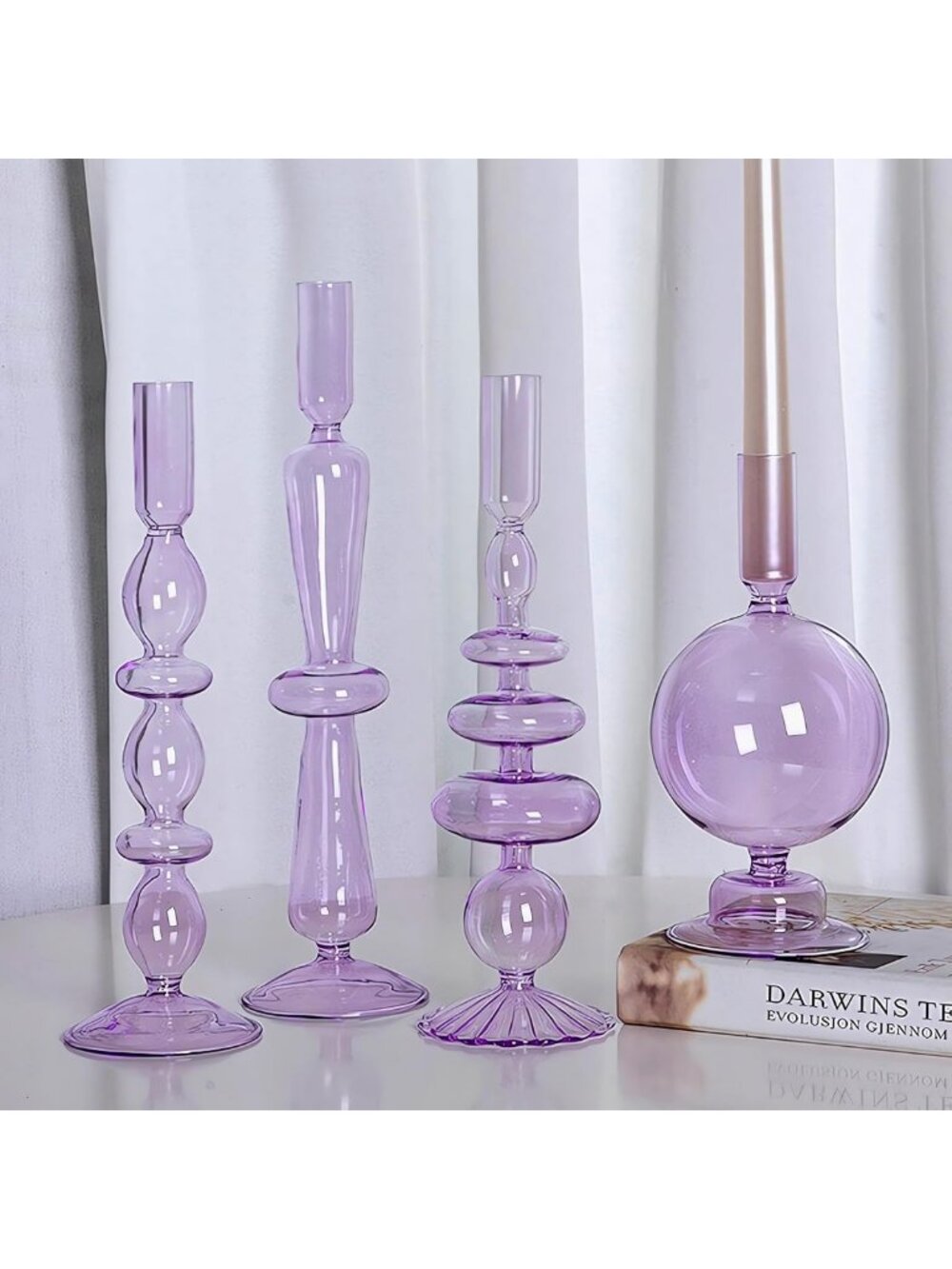 Modern Purple Glass Candle Holders Set - 4pcs Stylish Table Centerpiece Decor